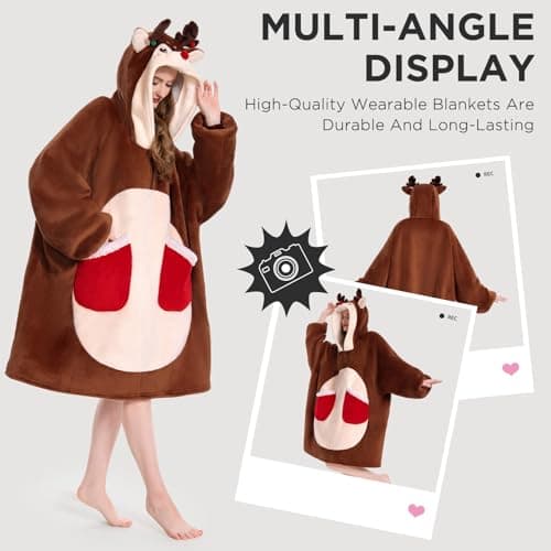 OLAOLA Reindeer Wearable Blanket Hoodie for Adult, Oversized Animal Hooded Blanket with Pockets & Sleeves, Soft Sherpa Reindeer Style Sweatshirt Comfy for Birthday Gifts - Thumbnail 4