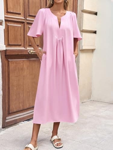Wenrine Womens Flutter Short Sleeve Maxi Dress Casual V Neck Loose Flowy Long Summer Dresses Pink - Thumbnail 2