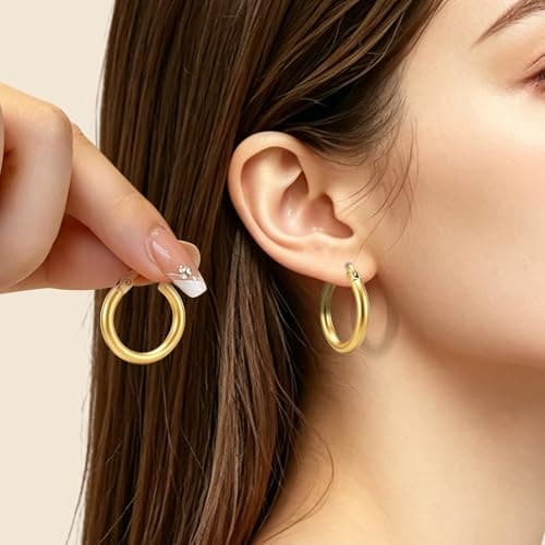 14K Gold Plated Hoop Earrings for Women, Hypoallergenic Lightweight Small Huggie Hoops, Fashion Gold Earrings with Gift Box Ideal Jewelry Gift for Birthday Valentine Mother's Day for Wife Her (19mm) - Thumbnail 2