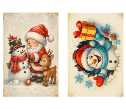 2-pack vintage country style Christmas snowman and reindeer themed metal tin sign decorative plaques - Size: 12 x 8 inches. Suitable for home decoration in living rooms, kitchens, bars, cafes, etc. Also makes a great gift. - Image 1