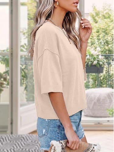 LaGracia Sweater for Women Summer Short Sleeve Oversized Cropped Sweaters Casual Crewneck Lightweight Knit Tops Light Apricot S - Thumbnail 4