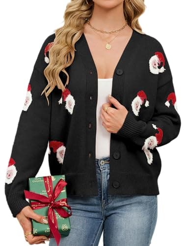 SunnyMelody Womens Christmas Funny Ugly Cardigan Sweater Winter 2025 Snowflake Santa Reindeer Tree Vacation Outfits Oversized Button Front Xmas Cardigans Black M - Image 1