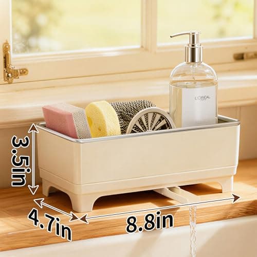 Sponge Holder for Kitchen Sink – Rustproof Stainless Steel, 360° Rotating Drain Pipe, Large Counter Organizer with Drip Tray for Sponges, Brushes & Dish Cloths Off-white - Thumbnail 3