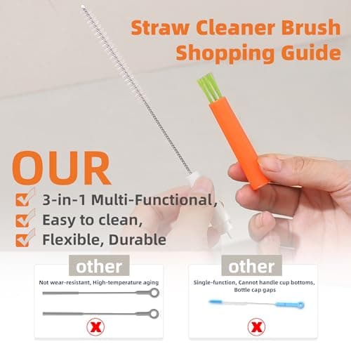 PROOCI Straw Cleaner Brush for Stanley, 2-Pack Multi 3 in 1 Extra Long Straw Cleaning Brush Set for Reusable Straws, Tumblers, Lids, Sippy Cups, Water Bottle, Nipples & Fine Gaps - Orange & Gray - Thumbnail 4