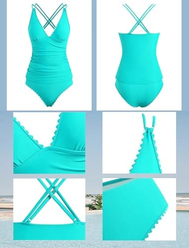 ZAFUL Tankini Swimsuits Tops for Women V Neck Push Up Two Piece High Waisted Swimwear Color Block Tankini Swimsuit Womens Beach Holiday (Mint Green L) - Thumbnail 5