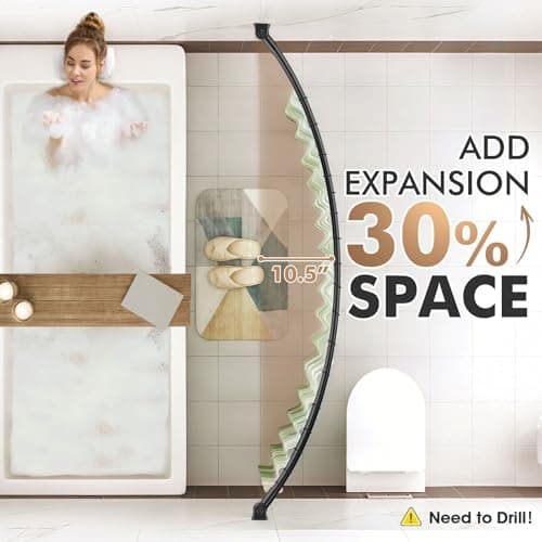 Bonpally Curved Shower Curtain Rod for Bathroom, 40-72 Inches Adjustable Curved Shower Rod, 0.9MM Round Shower Curtain Rod with Rotating Brackets for Extra Shower Space, Need to Drill, Black - Thumbnail 2