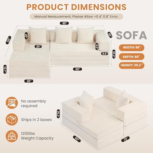 Modular Sectional Sofa, Boneless Convertible Oversized Sleeper Sofa Bed, Modern Tri-Folding Cloud Couch with L-Shape Chaise, Corduroy Futon Couches for Living Room Small Spaces Apartment,No Assembly - Thumbnail 5