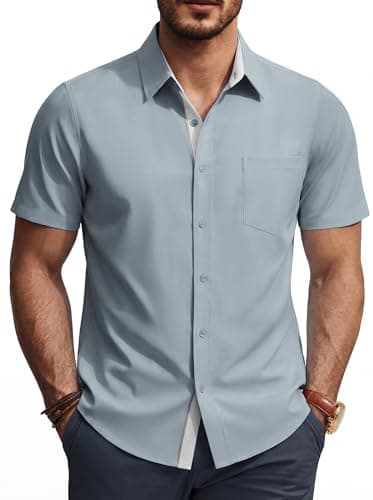 PJ PAUL JONES Shirt for Men Short Sleeve Slim Fit Dress Shirts Casual Button Up Untucked Shirts for Wedding Grey XL - Image 1