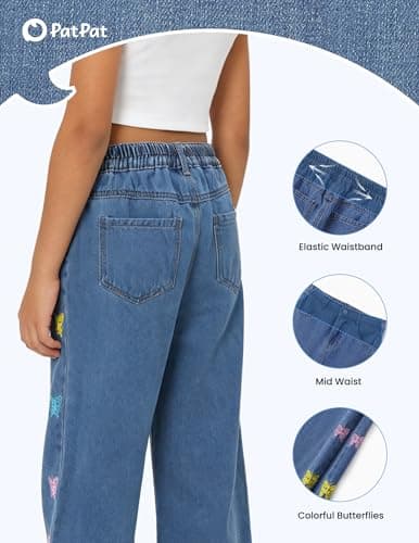 PATPAT Girls Baggy Wide Leg Jeans 5-14Y, Elastic Mid-Wasit Denim Pants with Checkerboard/Butterfly Embroidery for Kids Teens - Thumbnail 3