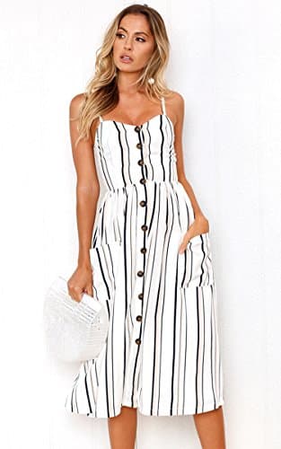 Angashion Women's Dresses-Summer Floral Bohemian Spaghetti Strap Button Down Swing Midi Dress White Striped M - Thumbnail 5