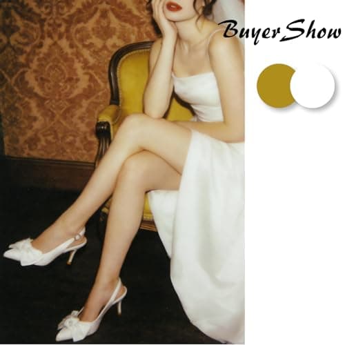 RUSAUISE White Heels for Women High Heels Slingback Heels Pointed Toe Pumps with Bow Low Heel Dress Shoes Wedding Shoes for Bride Bridal Shoes Silk Bow Size 9 - Thumbnail 6