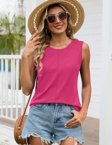 JUSTFASHIONNOW Sleeveless Tank Tops for Women Summer Dressy Tops High Neck Basic Tshirts Trendy 2026 Valentine's Outfits(Rose Red,Medium) - Thumbnail 3