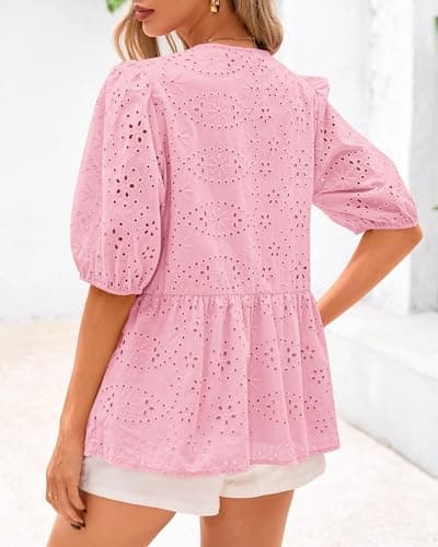 KIRUNDO Peplum Tops for Women 2026 Summer Eyelet Tie Front Blouses Casual Short Lantern Sleeve Cute Y2K Lace Babydoll Shirts(Pink, Small) - Thumbnail 2