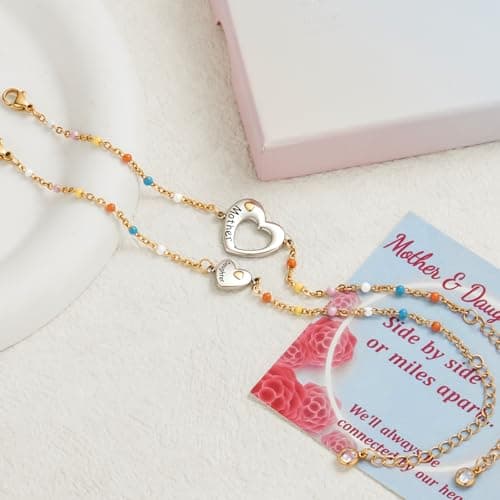 YUMUN 18K Gold Plated Matching Heart Charms Bracelet Set for Women, Adjustable Mother’s Day Gift Two Bracelet Pack (Heart Br G) - Thumbnail 6
