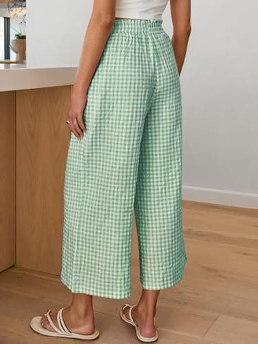 ANRABESS Womens Striped Gingham Palazzo Capri Pants Pajama Wide Leg Lounge Trousers Plaid Cute Crop PJ Bottoms with Pockets Green White Plaid Small - Thumbnail 3
