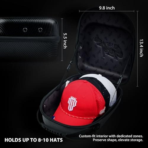 NJF Golf Hat Carrier Bag Black, Hard Shell Faux Carbon Fiber Golf Hats Storage Box, Travel Cap Carrier Case Hat Organizer Bag Holds Up to 10 Hats, Durable Cap Holder with Adjustable Strap for Golfing - Thumbnail 6