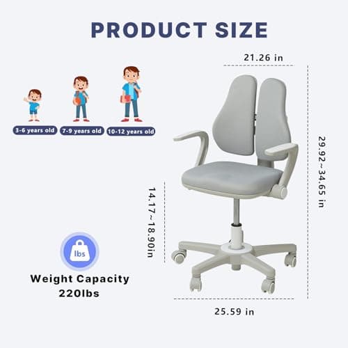 Ergonomic Kids Desk Chair with Adaptive Lumbar Support, Flip-Up Armrests & Adjustable Height — Breathable Study Chair for Ages 3-12, Ideal for Home Bedroom or Reading Nook - Thumbnail 2