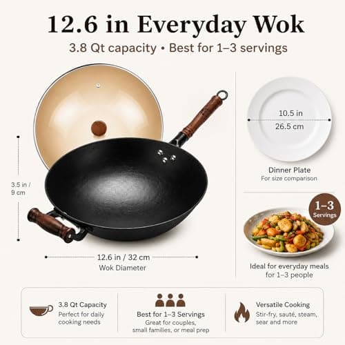 WANGYUANJI 12.6 Inch Round Bottom Cast Iron Wok with Glass Lid, Chinese Stir Fry Pan for Gas Stove & Open Flame, Uncoated Clay-Mold Texture, Wok Ring Required, Seasoning Needed - Thumbnail 3