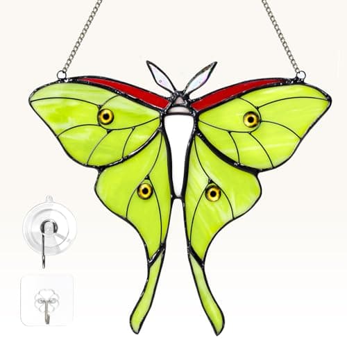 Luna Moth Stained Glass Window Hanging - Handmade Real Glass Suncatcher for Meditation Room, Spiritual Decor, Sun Catcher for Windows, Vibrant Gift for Women & Mom, 7.3 Inch Glass Art (Green02) - Image 1