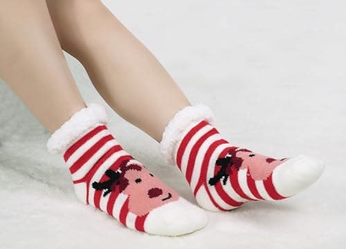 BenSorts Girls Boys Slipper Socks Warm Lining Soft Winter Thick Christmas House Socks for Kids Gifts Stripe Reindeer Red Bear 2 Pairs 8 9 10 11 12 Years - Thumbnail 2