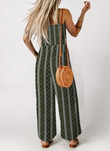 Dokotoo Jumpsuits for Women 2025 Fashion Spaghetti Strap Womens Oversized Boho Overalls Loose Casual Wide Leg One Piece Sleeveless Printed Jumpsuit Long Pant Rompers with Pockets,Green-Striped X-Large - Thumbnail 3