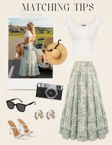 Maxi Skirts for Women Floral Chiffon Elastic High Waist Flowy Ruffle Long Skirt with Pokets Green Floral S - Thumbnail 5