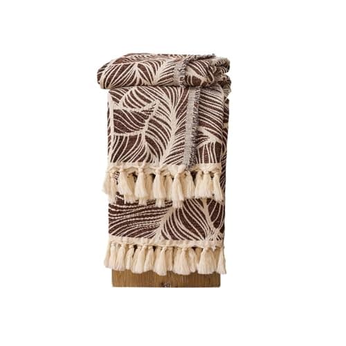 DOWN HOME Chenille Cotton Throw Blanket for Couch, Lightweight Boho Blanket for Bed Sofa Chair Living Room Outdoor Soft Woven Decorative Blanket with Tassel Gift Brown Leaves 60"x80" - Image 1