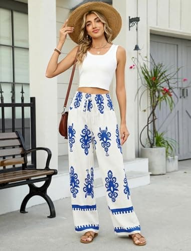 ZAFUL Boho Pants for Women Floral High Waisted Wide Leg Palazzo Pants Summer Trendy Casual Lounge Pants Women Vacation White&Blue XL - Thumbnail 5
