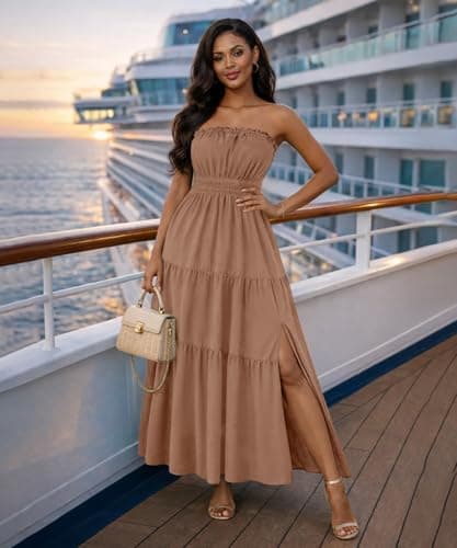 ABKY Off The Shoulder Dress Summer Strapless Tube Top Dresses Long Flowy A Line Side Slit Vacation Beach Holiday Party Outfit Khaki S - Thumbnail 6