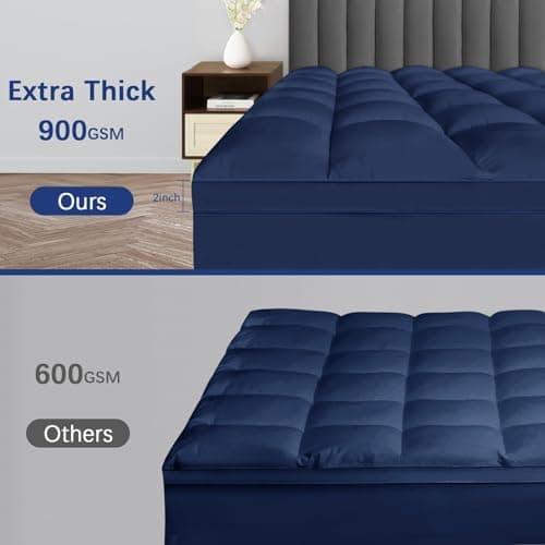 CYMULA Full XL Mattress Topper, Navy Blue Cooling Mattress Pad Cover, Extra Thick Pillow Top Mattress Topper with 8-21 Inch Elasticated Deep Pockets, Plush Down Alternative Fill Mattress Protector - Thumbnail 2