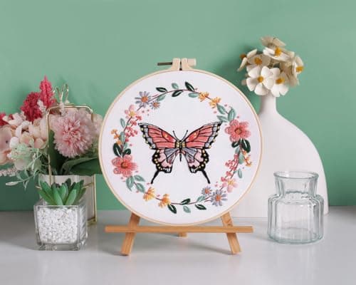 Mozzyyee 3 Sets Embroidery Starter Kit for Beginners Adults Include 3 Embroidery Clothes with Instructions Hoops Floss Thread Fabric Needles (Butterfly) - Thumbnail 5