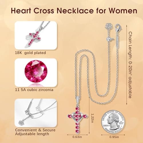 Helirose Cross Necklace for Women, Heart Cross Necklace for Women, 18K Gold Plated, Gold Necklace for Women, Dainty Cubic Zirconia Pendant, Hypoallergenic Jewelry for Women, Christian Religious Gifts (Rose Red-Silver) - Thumbnail 5