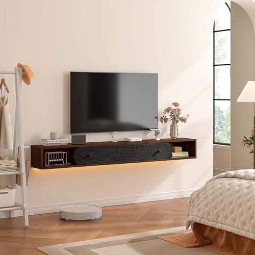 Furninova Floating TV Stand,Wall Mounted Entertainment Center for 50 Inch TV,Plywood Floating Media Console with 1 Flip Down Door & Cable Management,Modern Space Saving TV Shelf,47 Inch,Walnut & Black - Thumbnail 5