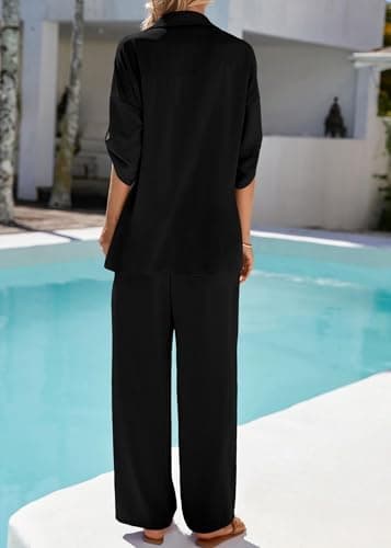 KIRUNDO Two Piece Sets for Women Spring Outfits 2026 Summer Fall Dressy Casual Button Down Shirt Wide Leg Pants Lounge Set(Black, Large) - Thumbnail 2