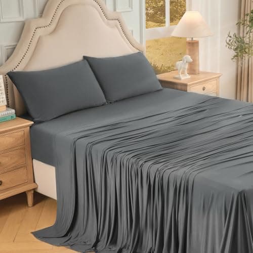 OMERAI 4 PCS Cooling Queen Size Sheet Set, Bed Sheets Set with 1 Flat Sheet, 1 Fitted Sheet & 2 Pillowcases, Breathable Cool-to-Touch Fabric, Soft Smooth Deep Pockets Bed Sheets for Summer, Dark Gray