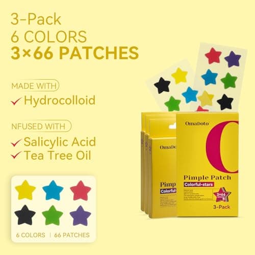 OMADOTO Star Pimple Patches for Face - 6 Colors 198Pcs (14mm) Hydrocolloid Acne Patches, Day & Night Blemish/Zit Healing Pimple Patches (66count-Pack of 3) - Thumbnail 2