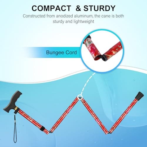 supregear Folding Cane, Lightweight 5-Level Adjustable Walking Stick with Wrist Strap and T-Handle, Portable Mobility Aid for Elderly and Disabled Men and Women, Floral Red - Thumbnail 4