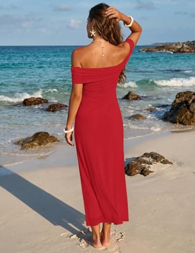 Zelroxa Women Sexy Off Shoulder Maxi Long Dresses Mesh Ruched Bodycon Asymmetrical Cocktail Wedding Birthday Party Graduation Banquet Gala Winery Ruffle Formal Evening Gown Vestido Red - Thumbnail 5