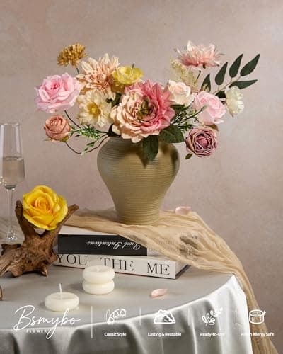 BSMYBO Artificial Flowers Combo Light Pink Silk Flowers Mix Fake Rose Dahlia with Stems for Wedding Bridal Bouquets Baby Shower Cake Floral Arrangement Table Centerpieces Home Decorations - Thumbnail 5