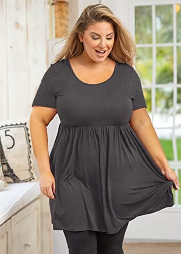 AusLook Women's Plus Size Tunic Short Sleeve Clothes Scoop Neck Summer Tops Pleated Flowy Loose Fit Babydoll T Shirt L-5X, C07-dark Gray, 4X - Thumbnail 3