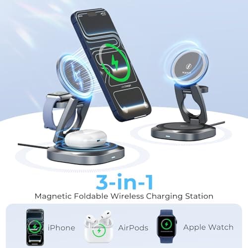 havit 3 in 1 Foldable Wireless Charging Station, Travel Magnetic Charger Stand for MagSafe-Compatible iPhone 17/16/15/14/13/12, Apple Watch and AirPods, 360° Rotating Portable Charger - Thumbnail 2
