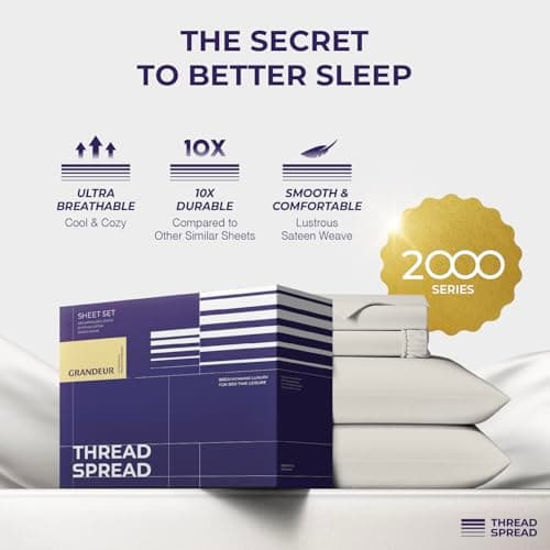 THREAD SPREAD 100% Egyptian Cotton Queen Sheet Set - 2000 Series Luxury Sheets Queen Size Bed Set (4 PC, Light Grey), Silky Soft & Cooling Sateen, 17 Inch Extra Deep Pocket Hotel Collection Sheet - Thumbnail 5