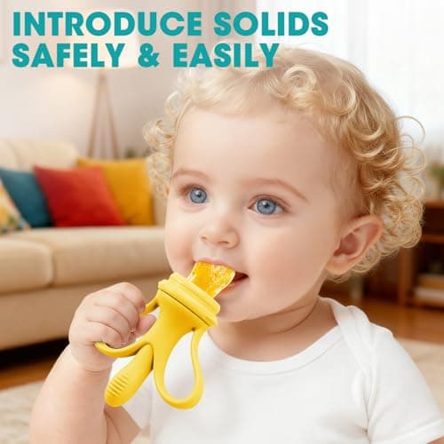 JEXFUN Baby Fruit Feeder & Breastmilk Popsicle Mold Set, Silicone Food Feeder Pacifier for Cooling Relief with 3 Replaceable Pouches, BPA-Free Teething Toy for Safe Infant Self Feeding (Banana Yellow) - Thumbnail 2