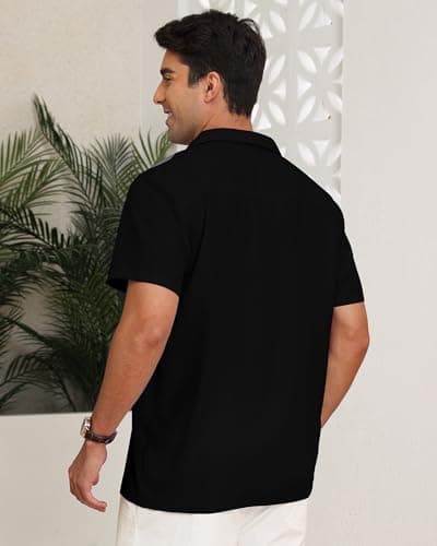 YTD Men's Vintage Bowling Shirt Short Sleeve Button Down Summer Cuba Beach Shirts Black Dark Gray - Thumbnail 3