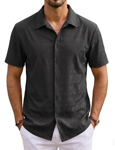 URRU Mens Short Sleeve Dress Shirts High Stretch Wrinke Free Business Casual Button Down Untucked Beach Summer Shirts Black M - Image 1