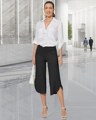 gaimoliso Capri Pants for Women Casual Wide Leg Yoga Crossover High Waist Capri Pants Pockets Loose Soft Sweatpants Capris-Black - Thumbnail 3