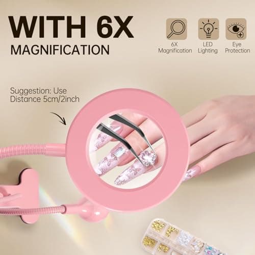 AORAEM LED UV Nail Lamp: Double-Headed Gooseneck Lamp for Gel Nails, LED Flash Cure Lamp with 6X Magnifier Home DIY Salon, Pink - Thumbnail 3