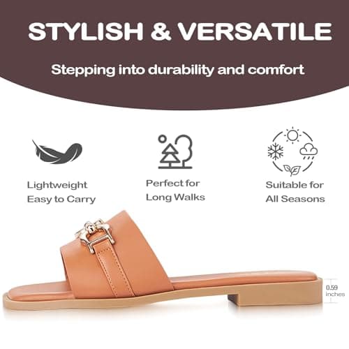 YTSKJ Sandals for Women 2026 Square Open Toe Fashion Slides Women Dressy Summer Flat Beach Cute Ladies Faux Leather Casual Shoes with Golden Chain Brown Size 6 - Thumbnail 5