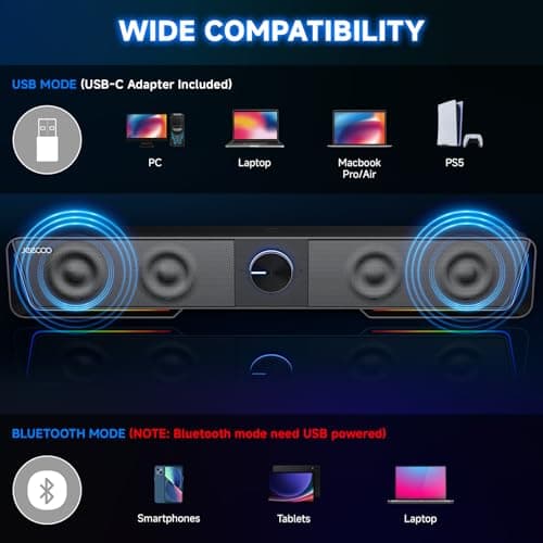 Jeecoo A40 Bluetooth Computer Speakers with Clear Sound, USB Plug & Play PC Speakers with LED Light, Computer Sound Bar with Switch Button for Desktop Laptop Monitor (USB-C Adapter Included) - Thumbnail 4
