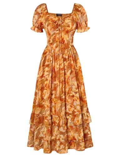 Scarlet Darkness Women Floral Cottagecore Dress Puff Sleeve Maxi Ruffled Corset Dress Golden Hour Floral M - Image 1